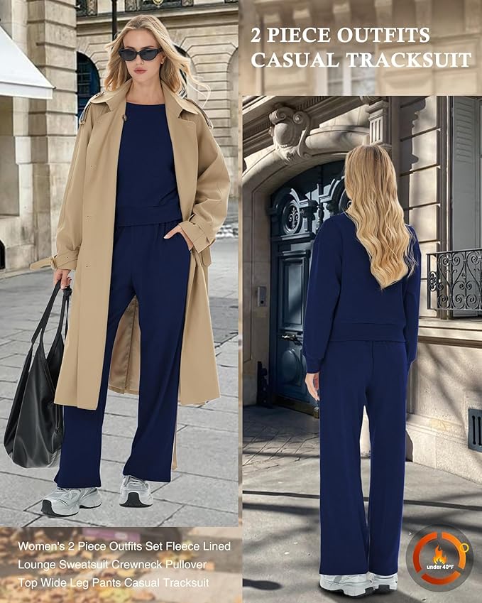 Sweetyweee Women's 2 Piece Outfits Set Fleece Lined Lounge Sweatsuit Crewneck Pullover Top Wide Leg Pants Casual Tracksuit