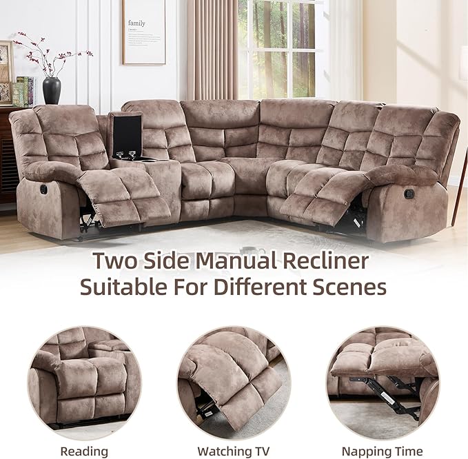 EBELLO Manual Reclining Sectional Sofa Set for Living Room, Soft Fabric Recliner Corner Sectional Couch with Center Console, Cup Holder and Storage, Brown