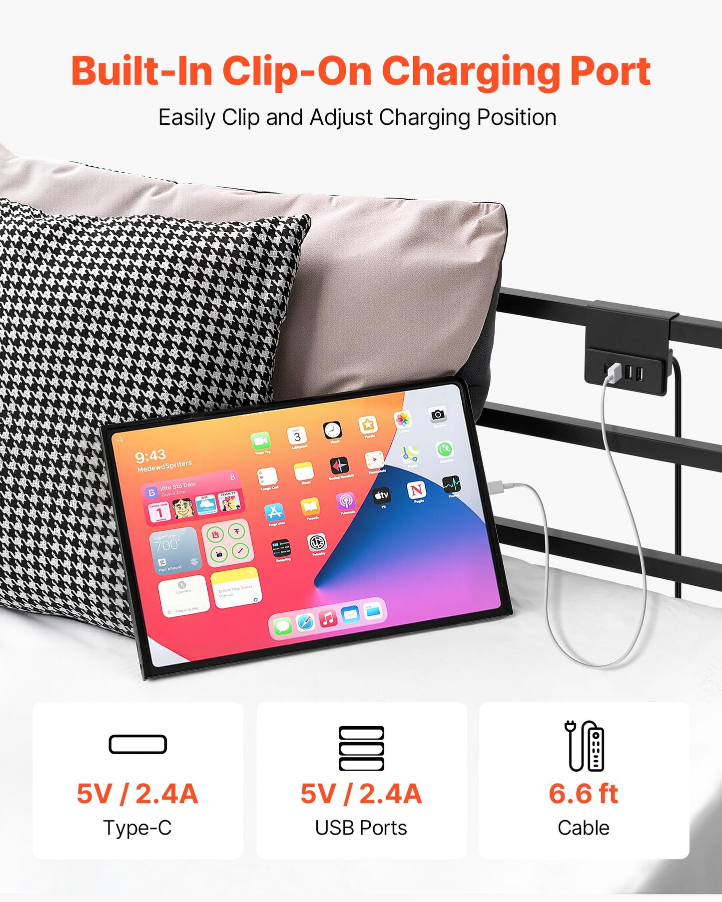 VEVOR King Size Canopy Bed Frame, Metal Canopy Bed with Charging Station and Four Posters Design, Heavy Duty Steel Slats Support, Underbed Storage Space, No Box Spring Needed, Easy Assembly, Black