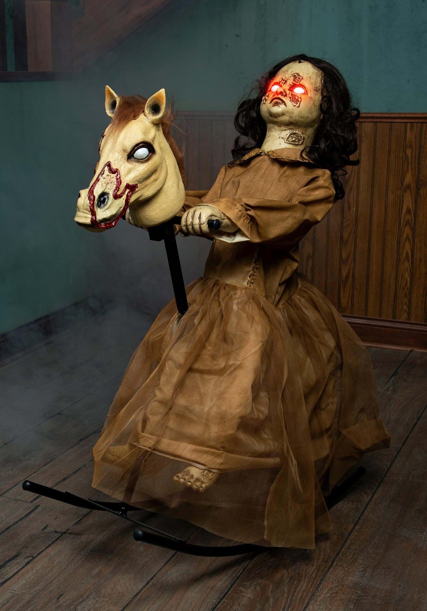 Fun Costumes 3.5 Ft Haunted Doll-Horse Animatronic, Creepy Dolls Halloween Decorations, Ancient Looking Rocking Horse, Red Glowing Eyes Halloween Decoration Standard