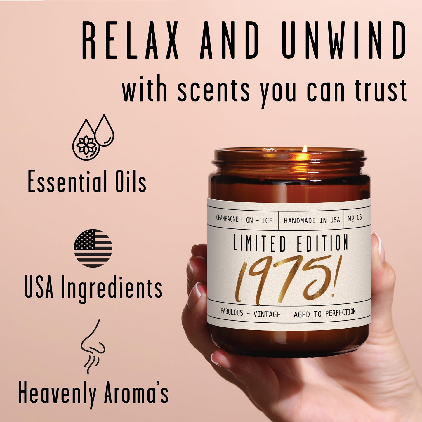 50th Birthday Gifts for Her, 50th Birthday Gifts for Women - 'Limited Edition 1975' Soy Candle, w/Champagne on Ice I 50 Year Old Gifts for Women I 9oz Reusable Jar, 50Hr Burn, Made in USA