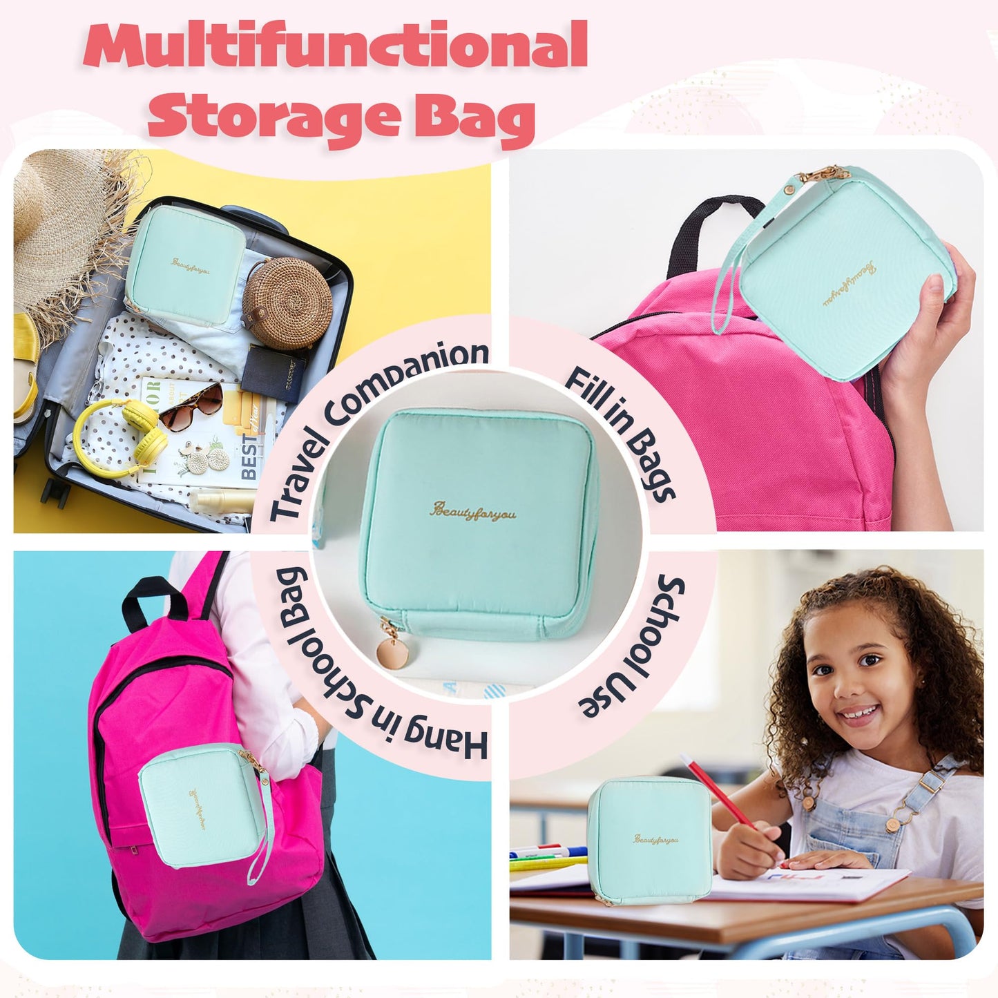 multipieyo Essential First Period Kit for Girls 10-12 | Period Bags for Teen Girls for School | First Period Gift with Sanitary Pad Storage Bag, Wipes, Period Tracker and More(Mint)