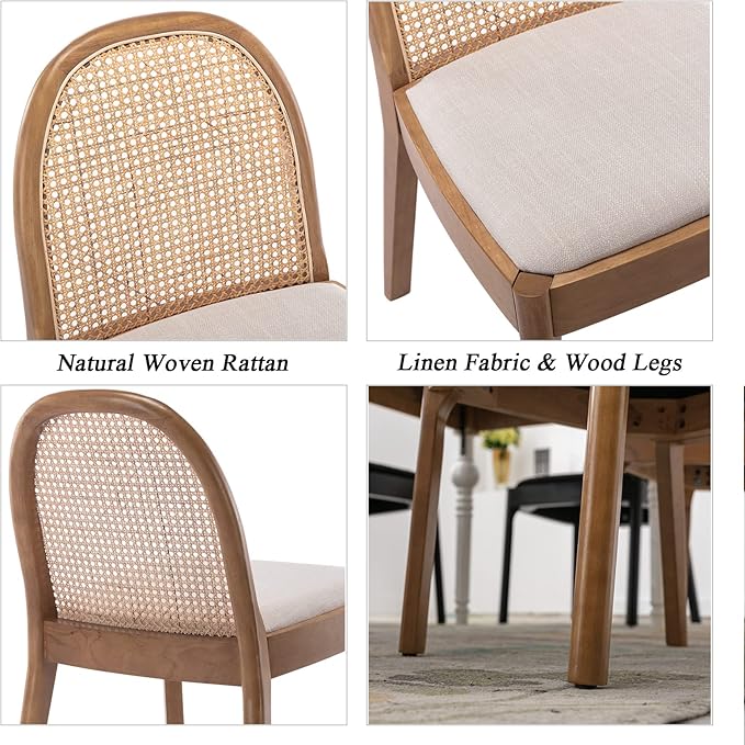 DUOMAY Mid-Century Modern Rattan Dining Chairs Set of 6, Wooden Dining Room Chair with Cane Backrest and Padded Seat, Linen Upholstered Dining Chair, Natural Finish, Beige