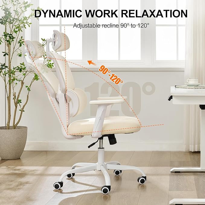 BOWTHY Ergonomic Office Chair,Home Mesh Office Desk Chairs,High Back Office Chair 330 LBS,Swivel Computer Chair with 2D Armrest,Adjustable Headrest,Lumbar Support,Rocking Function (Beige)
