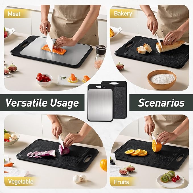 Stainless Steel Cutting Board, Best Non Toxic Cutting Boards for Kitchen, Double Sided Metal Chopping Board for Meat/Vegetables, Stainless Steel/Wheat Straw PP, Kitchen Gifts Easy to Clean 16”×11”