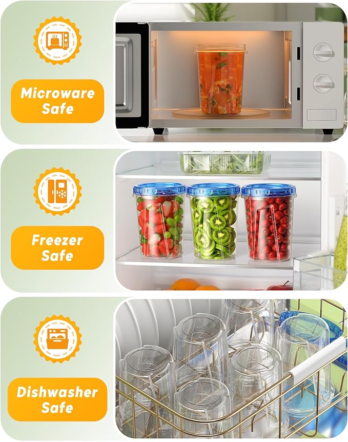 6 Pack-34 oz Freezer Storage Containers, Plastic Food Storage Containers with Twist Top Lids, BPA Free and Reusable Soup Containers with Lids, Leakproof/Microwave/Dishwasher Safe