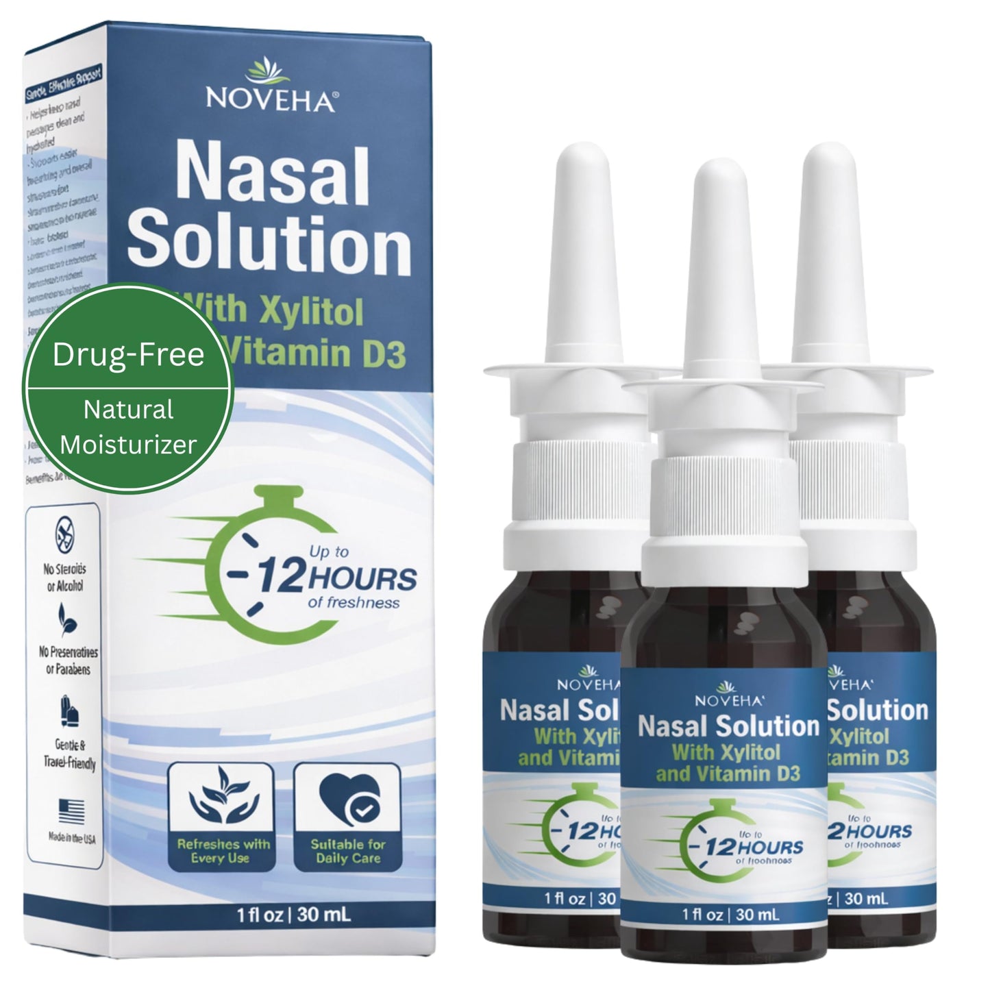 NOVEHA Xylitol Nasal Spray – Drug-Free Natural Moisturizer for Dry Nose, Sinus & Allergy Relief – Hydrating Saline Nasal Spray with Vitamin D3 & Grapefruit Seed Extract Gentle Daily Congestion Support