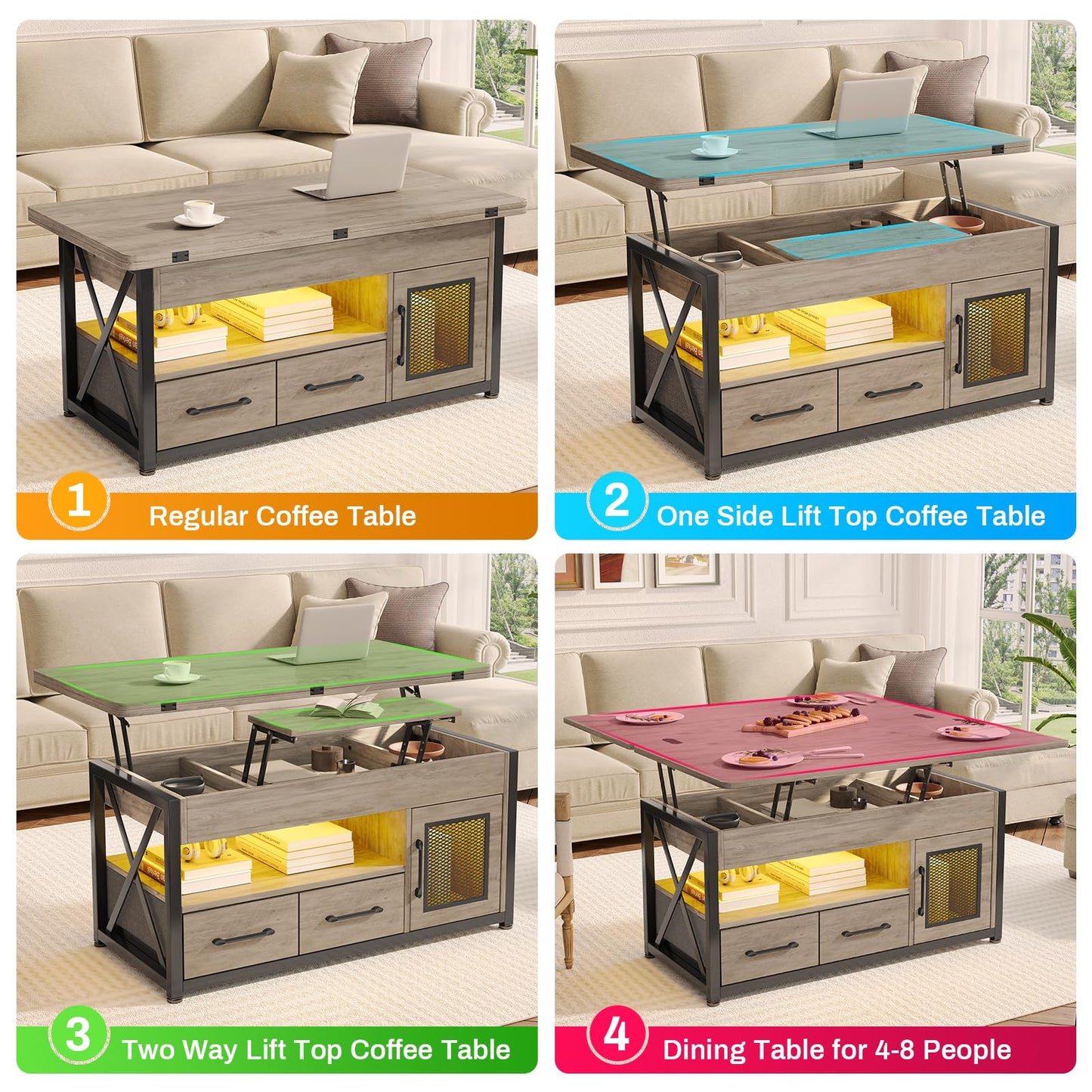 Itaar 40" Lift Top Coffee Table, 4 in 1 Coffee Tables with Storage Cabinet for Living Room, Small Farmhouse Coffee Table with 2 Fabric Drawers & LED Light for Dining Room, Grey