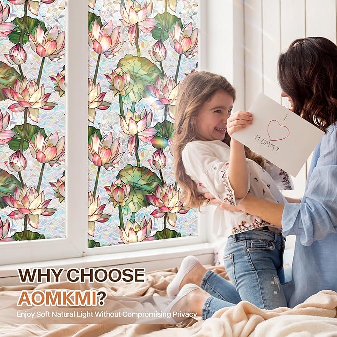 Stained Glass Window Film UV Resistant Window Privacy Film Lotus Floral Privacy Rainbow Decals Living Room Bedroom Sun Blocking Decor Removable Static Cling Stickers 17 x 78.74 Inch