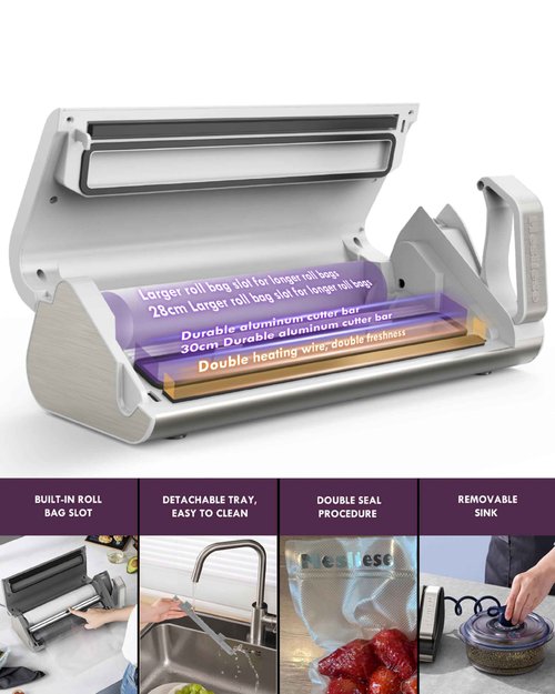 Mesliese Vacuum Sealer Machine, 95kPa 140W Double Seal Powerful Food Sealer, One Hand Operation Food Storage with Build-in Cutter & Roll Storage, ETL Tested (White)