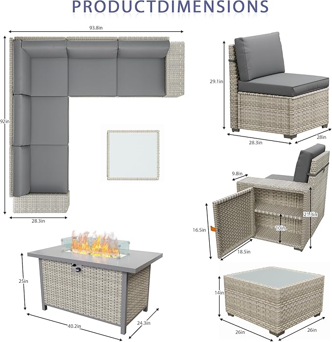 Broivira 7 Piece Patio Furniture Set with 50,000 BTU Rattan Fire Pit Table That Converts to Coffee Table, 9.8" Wide Arm Sectional Sofa with Storage Armrests, Outdoor Rattan Conversation Set, Grey