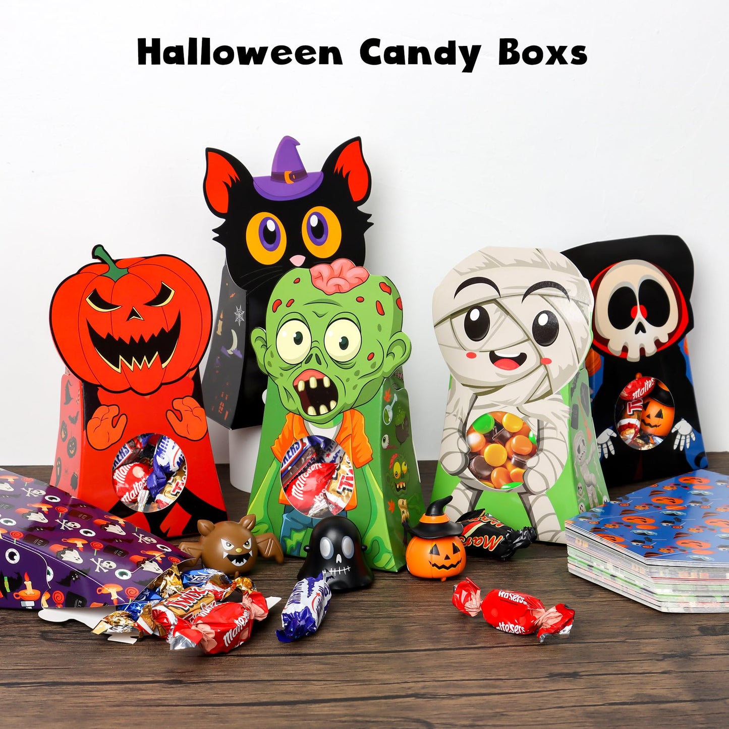 Giiffu 54 PCS Halloween Treat Boxes, Candy Goodie Bags with Window - 9 Designs for Kids Party Favors, Classroom Exchange, Trick or Treat Supplies