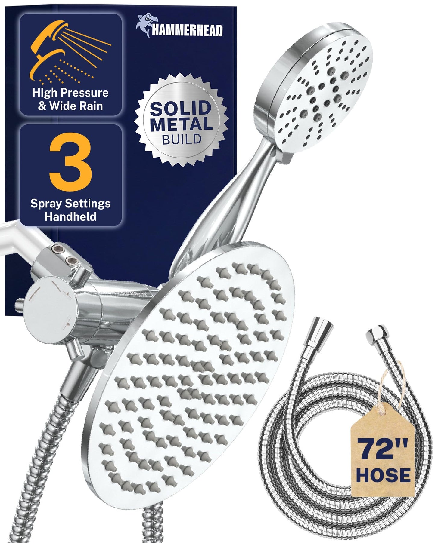 HammerHead Showers Dual Shower Head Combo, 8-Inch Rainfall & 3-Flow Handheld, Chrome, 2.5 GPM
