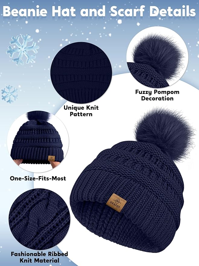 URATOT 4-In-1 Winter Warm Sets Knitted Scarf Touch Screen Gloves Beanie Pompom Hat and Winter Ear Warmer for Men or Women