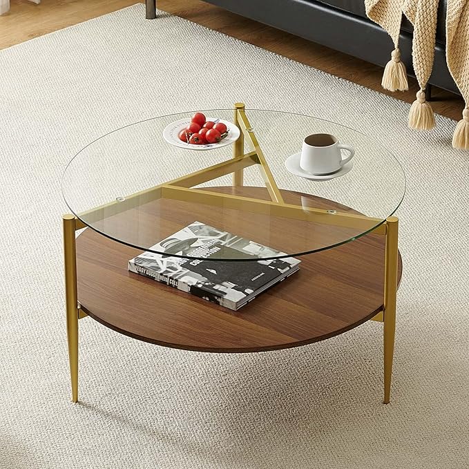 Pine Flicker Round Coffee Table, Mid-Century Modern Design, D30*H17 inch, for Living Room, 2-Tier Structure, Clear Glass Top and Walnut MDF Shelf, Sleek Conical Metal Legs with Gold Finish