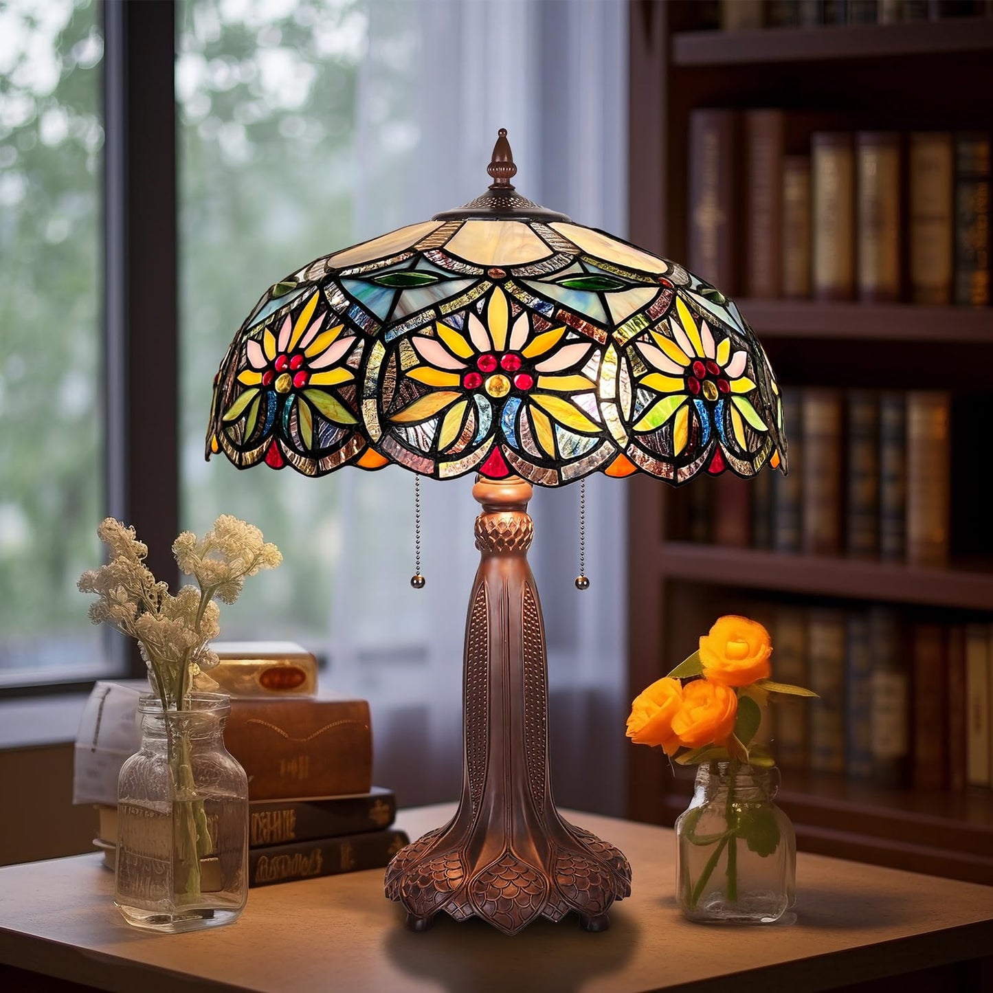 Capulina Large Tiffany Table Lamp Bedside Reading Lamp 2-Light 16X16X24 Inches Sunflower Style Stained Glass Desk Lamp for Bedrooms Living Room Study Home Office