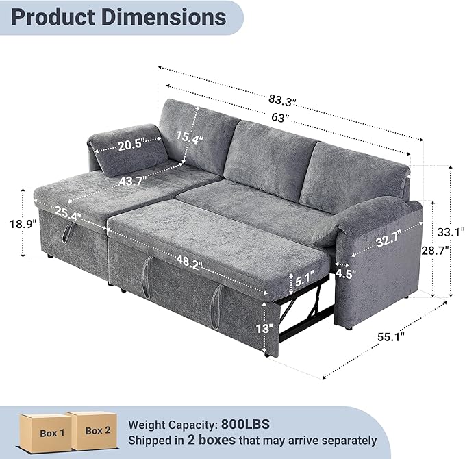 Tbfit Sleeper Sofa Couch with Pullout Bed, Sofa Bed Couch with USB & Storage Chaise, Chenille Convertible Sleeper Sofa, 83'' Pull Out Sofas Couches for Small Space, Apartment, Light Gray