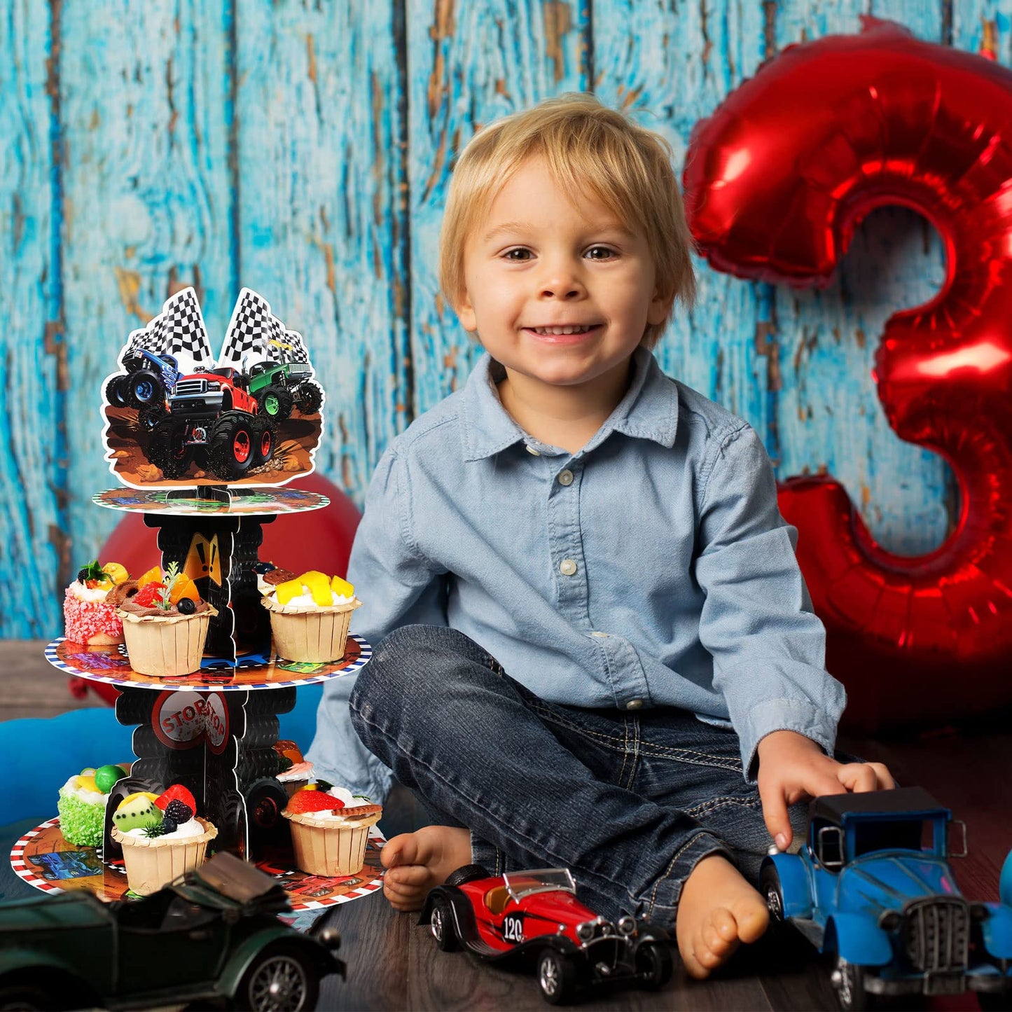 Sunnyray 3 Tier Truck Party Decorations Cupcake Stand Race Car Cupcake Tower Favors Racing Truck Party Dessert Holder Car Theme Dessert Stand for Kids Boys Race Car Birthday Supplies