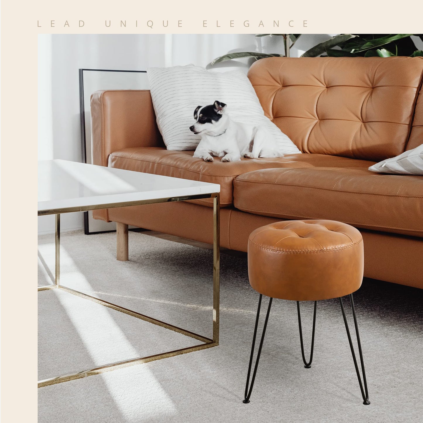 LUE BONA Faux Leather Vanity Stool Chair for Makeup Room,Brown Stool for Vanity,19” Height, Tufted Small Vanity Chair with Metal Legs, Modern Foot Ottoman for Bedroom, Living Room