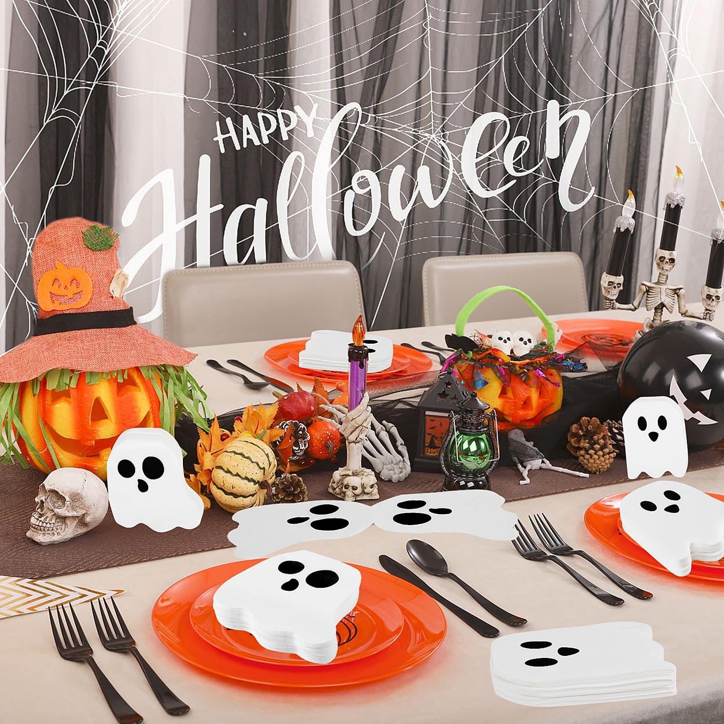 KIMOBER 100PCS Halloween Napkins 2-Ply White Ghost Folded Paper Napkins Disposable Halloween Cocktail Napkins for Party Favor Supplies