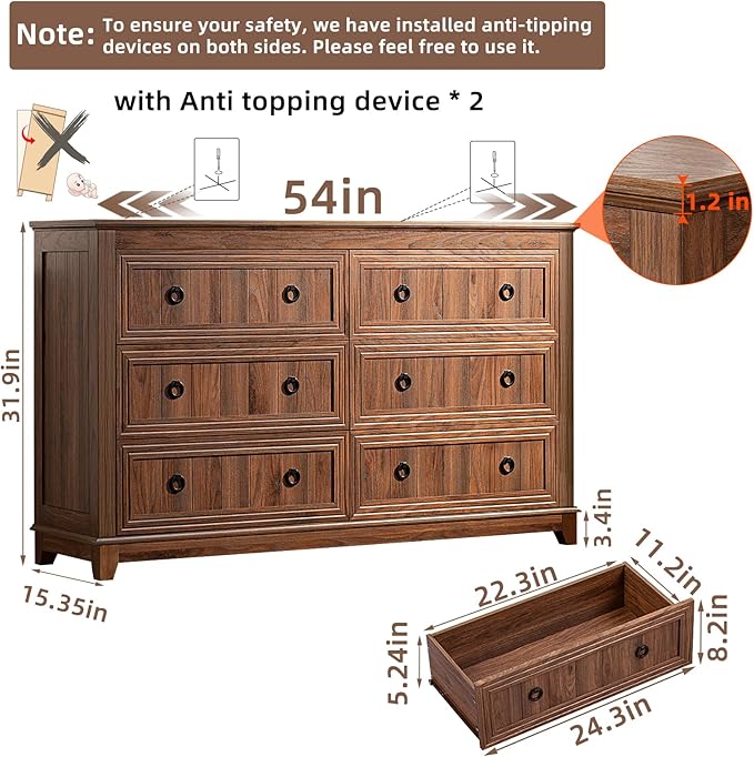 Joaxswe Farmhouse Dresser and Nightstand Sets 3 Piece, Furniture Set 18" Night Stand with Charging Station and 6 Drawers Dressers for Bedroom, 54" Dresser and Nightstand Set for Bedroom, Living Room