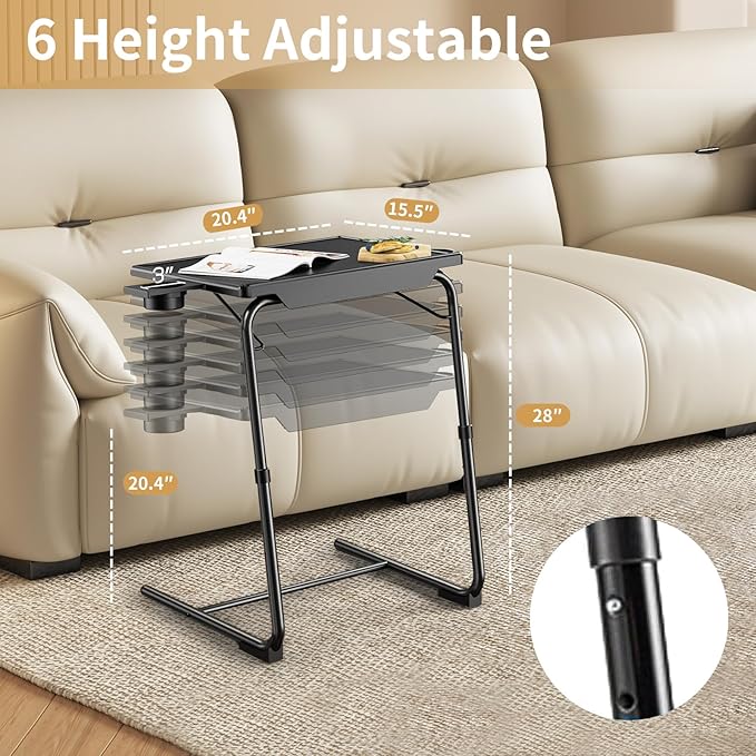 ZUCONKITCH Adjustable TV Tray Tables with 6 Height & 3 Tilt Angle, Folding TV Dinner Tray,TV Table with Cup Holder on Bed & Sofa (1 Pack, Black)