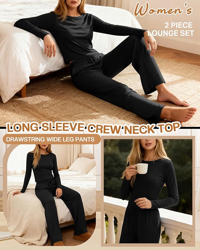 Evervibe Women's 2 Piece Lounge Set Long Sleeve Crew Neck Top Drawstring Wide Leg Pants Casual Tracksuit Matching Set