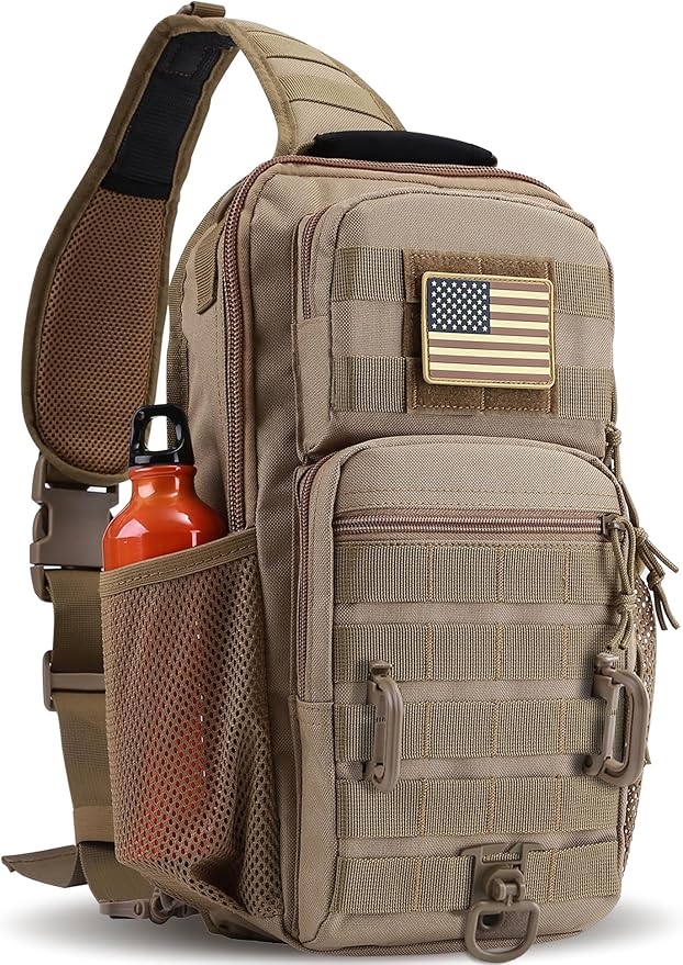 Large Rover Sling Pack Tactical Shoulder Sling Bag Backpack with Bottle Holder Crossbody Chest Bag, Coyote