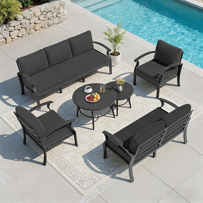 RTDTD Aluminum Outdoor Patio Furniture Set,7 Seats Patio Conversation Sets with 2 Round Coffee Tables,Metal Patio Sectional Furniture Set with 5.1" Thickened Cushions,Black