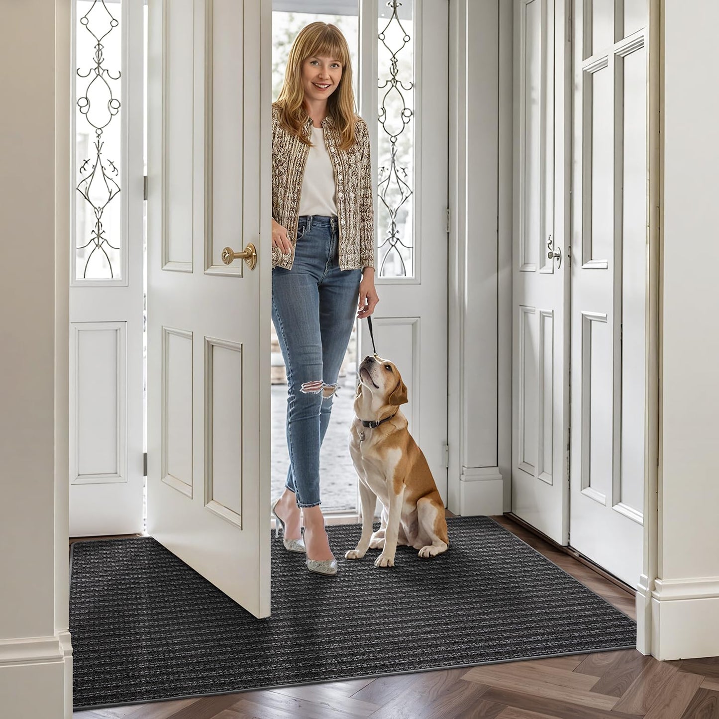 LUMI Ultra Thin Door Mat Indoor Entrance, Washable Entryway Mat with Non Slip Rubber Backing, Stain&Fade Resistant Doormat for Floor, Hallway, Porch, 20"x32", Grey Line