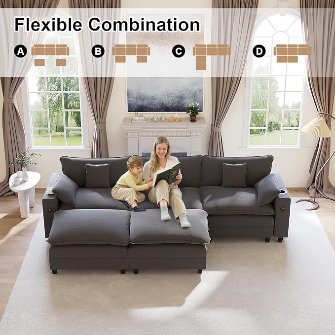 KCGKCG 116" Modular Sectional Sofa, U Shaped Cloud Couch with Movable Ottoman, Chenille Deep Seat Cloud Sofa with Charging Station, Cup Holder, Side Pocket, Sectional Couches for Living Room, Grey