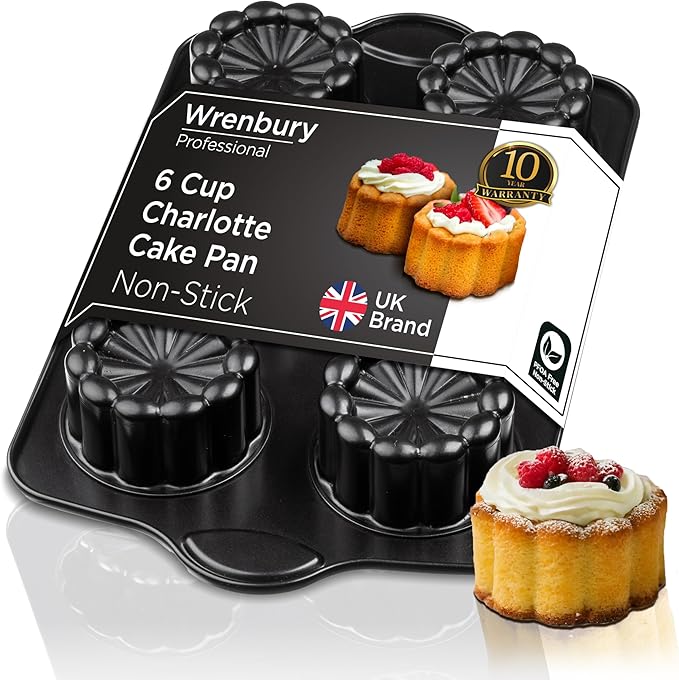 Wrenbury Mini Charlotte Cake Pan - Non-Stick & Food Safe, 6-Cup Fluted Mold, Includes Recipe Book, Easy Release & Clean, Perfect for Buntz Cakes