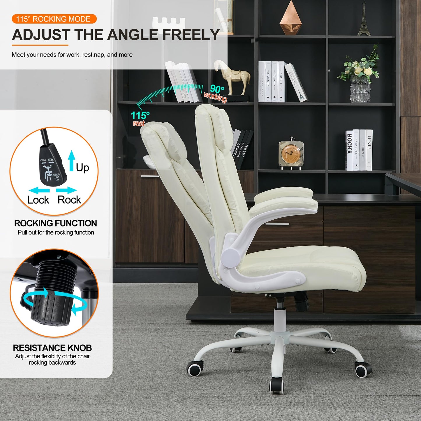 BOWTHY Mid Back Executive Leather Chair,Ergonomic Home Office Chairs,Comfy Computer Desk Chair with Adjustable Flip-Up Arms and Rocking Function (Beige)