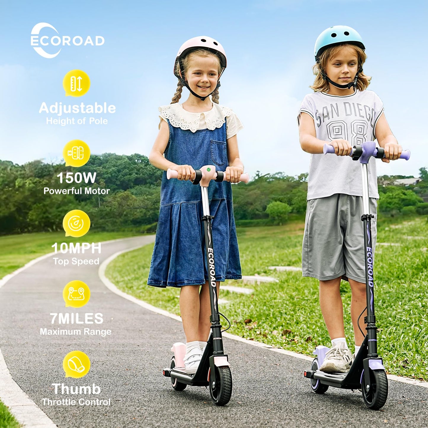 ECOROAD EK6 Kids Electric Scooter for 6-12, 3/6/10mph Speeds for Ultimate Comfort, Adjustable Height Electric Scooter, 150W & Dual Brake Safety, for Growing Adventurers（Rider:3.9-5.2 ft）