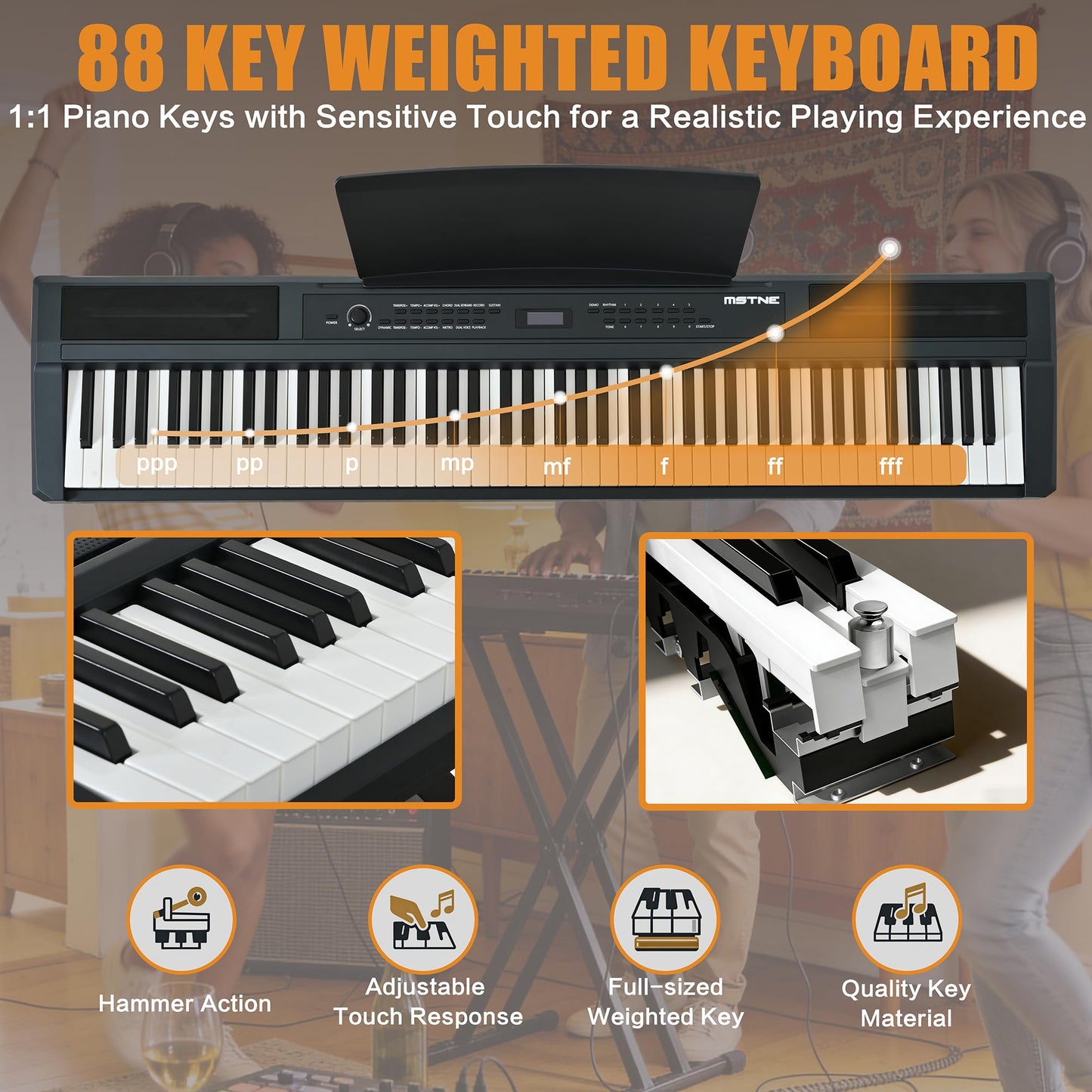 MSTNE Digital Piano 88 Key Weighted Keyboard Hammer Action, Full Size Electric Piano Keyboard with Adjustable Stand,Powerful Functional Panel,Professional 3 Pedal Unit for Beginner Intermediate Player