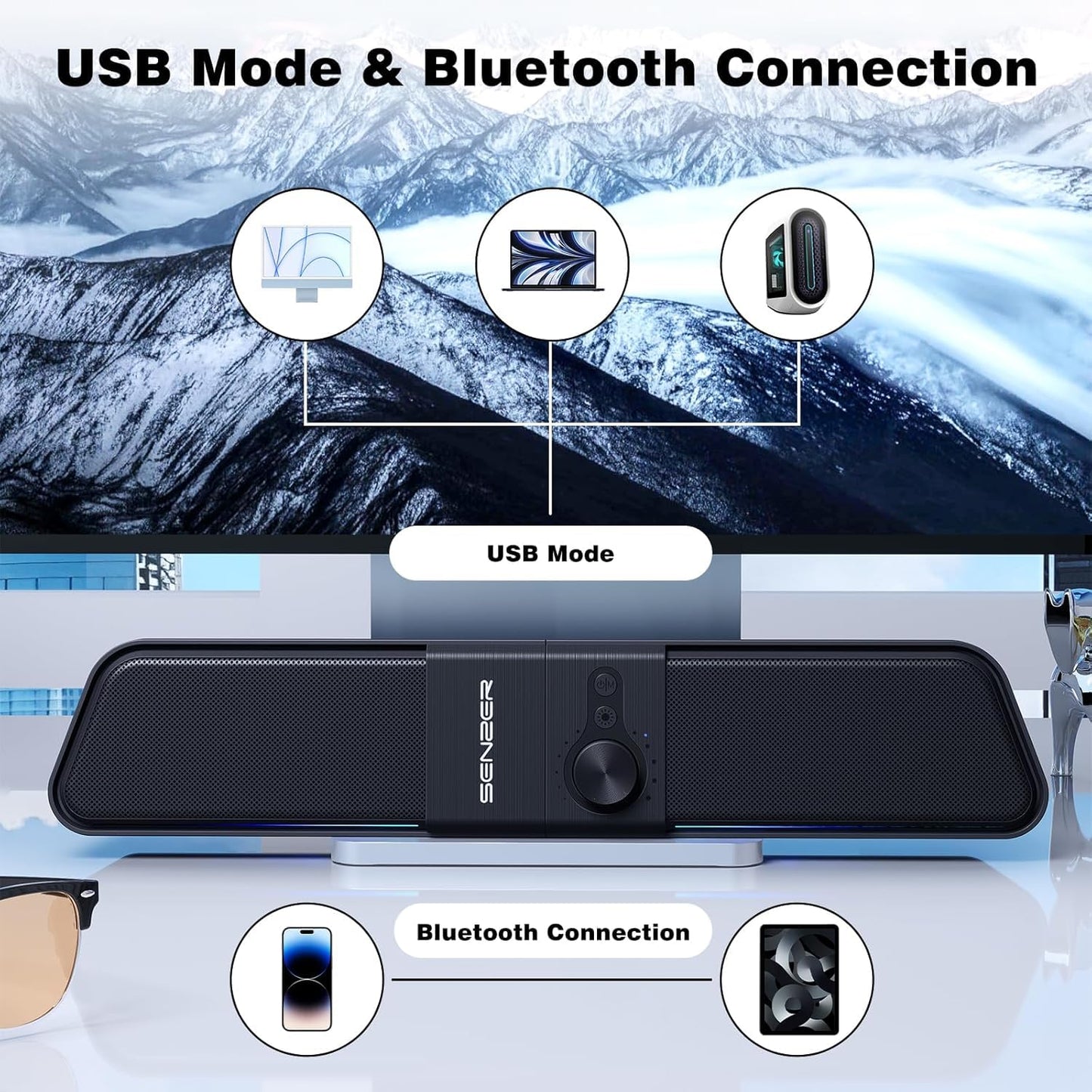 SENZER CS20 2 in 1 Bluetooth Computer Speakers for Desktop, USB Plug & Play Clear Sound PC Speakers with RGB Light, Monitor Sound Bar with Volume Knob, Gaming Speaker for PC Laptop Phone Tablet