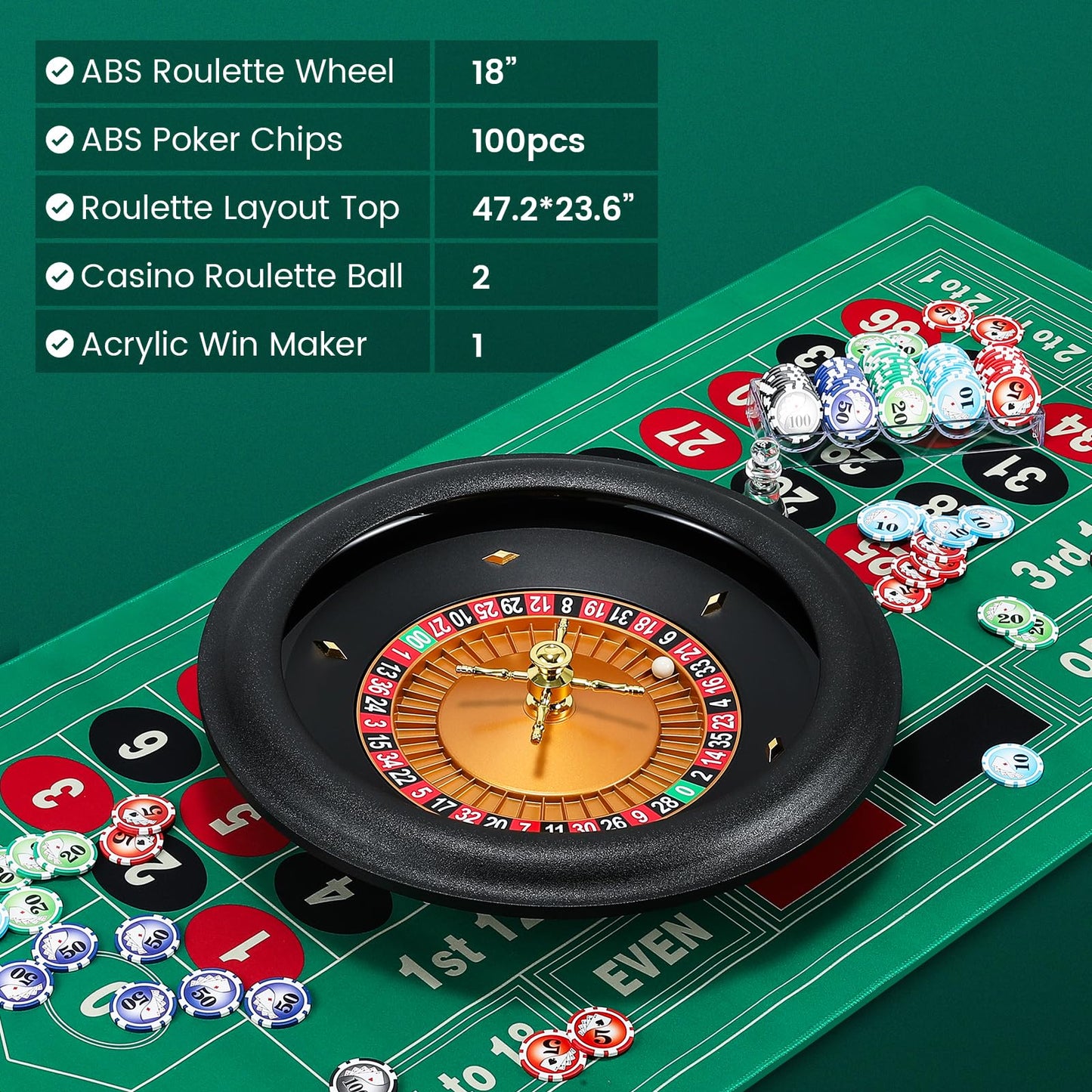 Proshine 18" ABS Roulette Wheel Set with 47.2 * 23.6” Double-Sided Roulette Tablecloth 100pcs Poker Chips Roulette Win Marker Dual Balls Casino Game Sets Smooth Rotation for Family & Party Fun