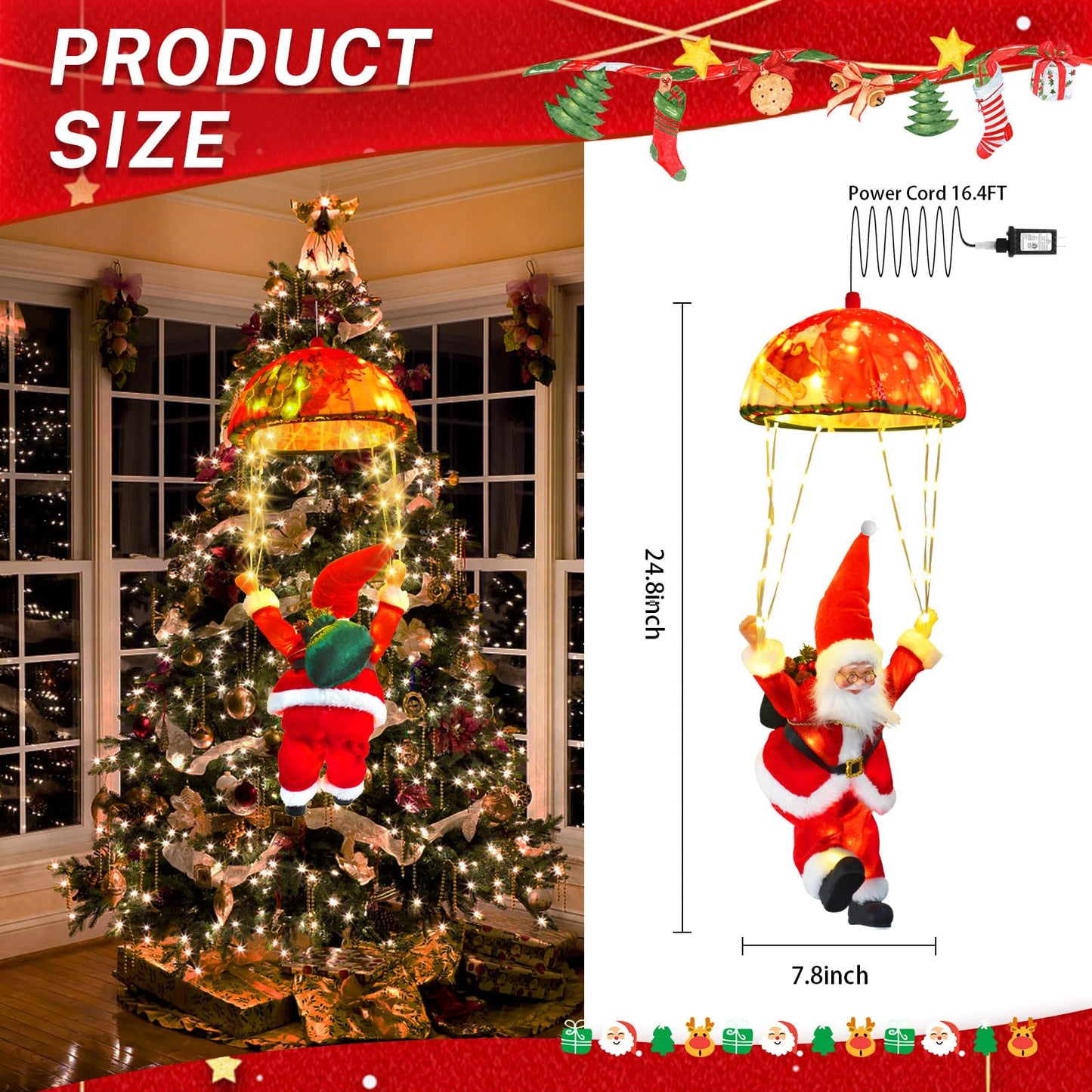 JNOEC Christmas Lights Outdoor Indoor, Santa Claus Parachute LED Lights, 8 Modes & Timer Christmas Decorations Lights Outside Inside for Window, Garden, Home, Porch, Xmas Tree Decor (Warm White) ﻿