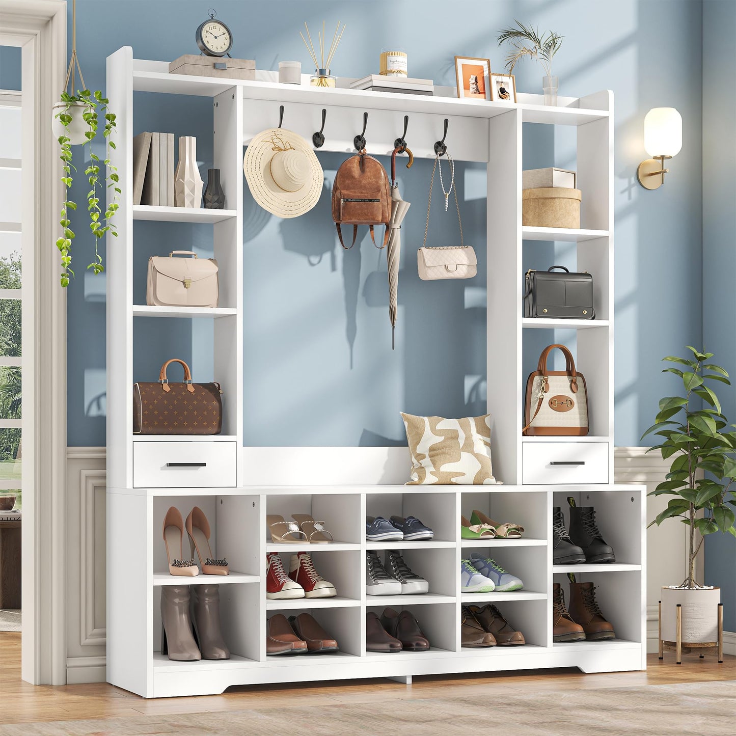 Nosepen 61.6" H White Hall Tree with Bench and Shoe Storage, 6-in-1 Multi-Functional Entryway Bench with 2 Drawers, 5 Coat Racks, Shoe Rack with 13 Shoe Cubbies, Entryway Storage Organizer, White