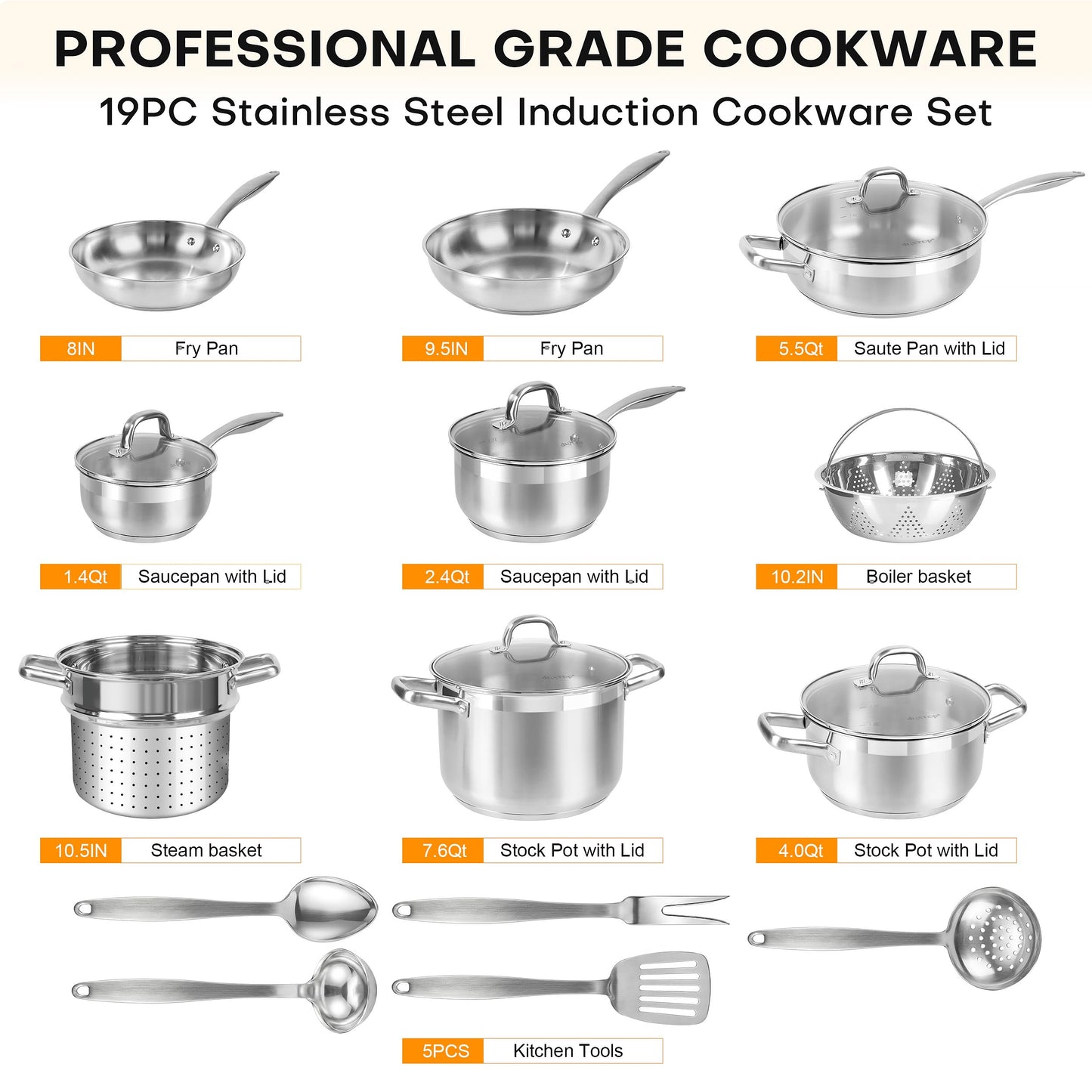 Duxtop Professional Stainless Steel Induction Cookware Set, 19PC Kitchen Pots and Pans Set, Heavy Bottom with Impact-bonded Technology