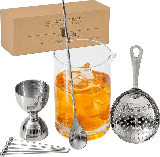 A Bar Above 10 Piece Cocktail Mixing Glass Set, Lead Free Cocktail Set with Mixing Glass, Bar Spoon, Julep Strainer, Bell ...