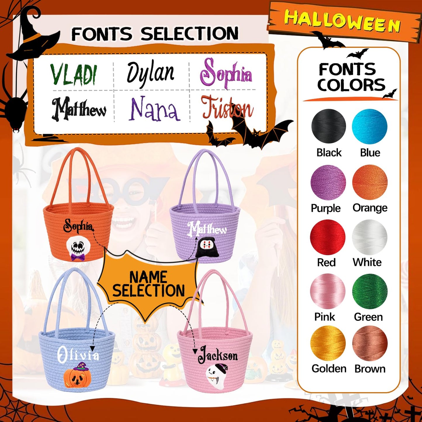 Personalized Halloween Basket Custom Embroidered Name Halloween Trick or Treat Bag for Kids，Halloween Custom Ghost Bucket