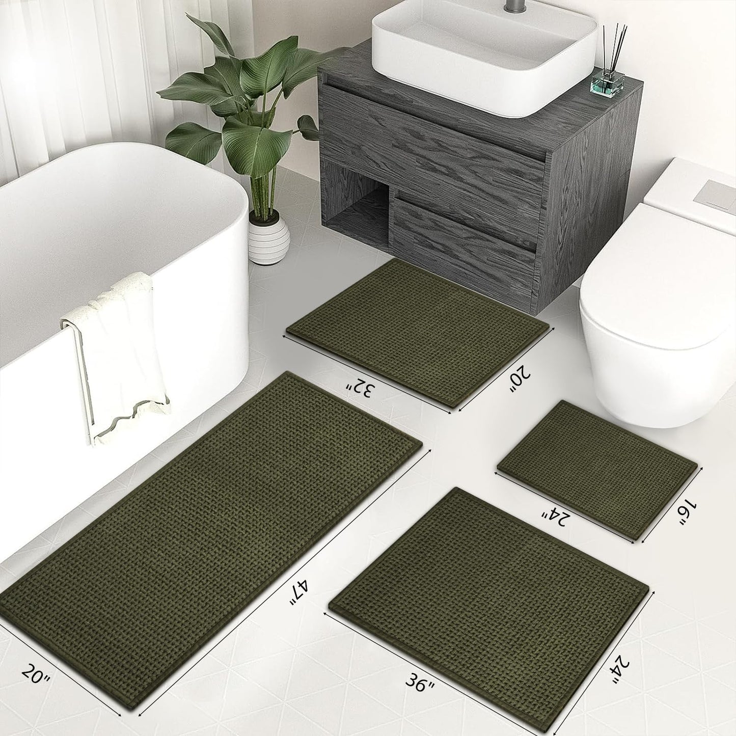 HRILO Bathroom Rugs Non Slip Washable, Super Absorbent Thin Bath Mat for Small Quick Dry Low Pile Bathroom Rug, (Dark Green, 32″x20″)
