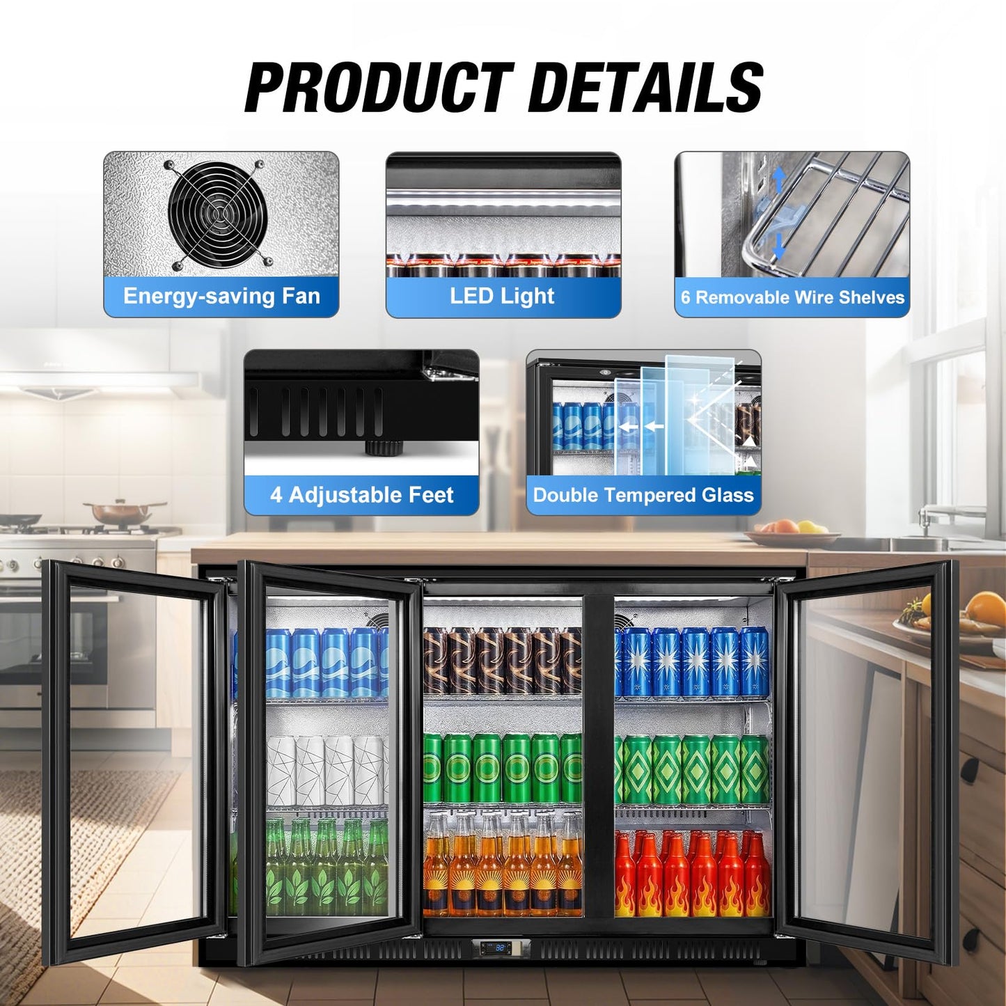 Beverage Refrigerator, 53.15W Inch 12 Cu.Ft Drink Fridge, Back Bar Beer Fridge with 3 Glass Door, 35.43" Height Beverage Cooler, Built-in & Undercounter Commercial Back Bar Cooler for Kitchen Shop Bar