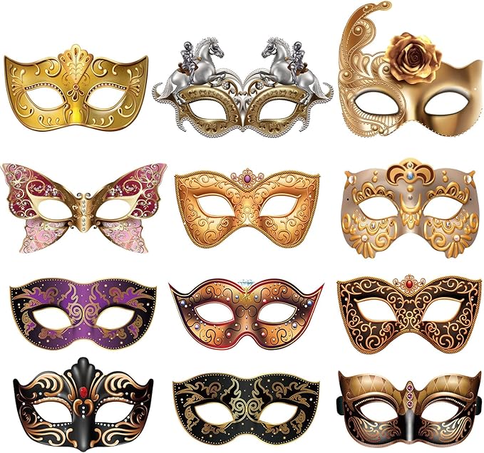 Blulu 12 Pcs Mardi Gras Masquerade Mask Set Paper Masquerade Masks Women's Costume Party Supplies for Mardi Gras, New Yea...