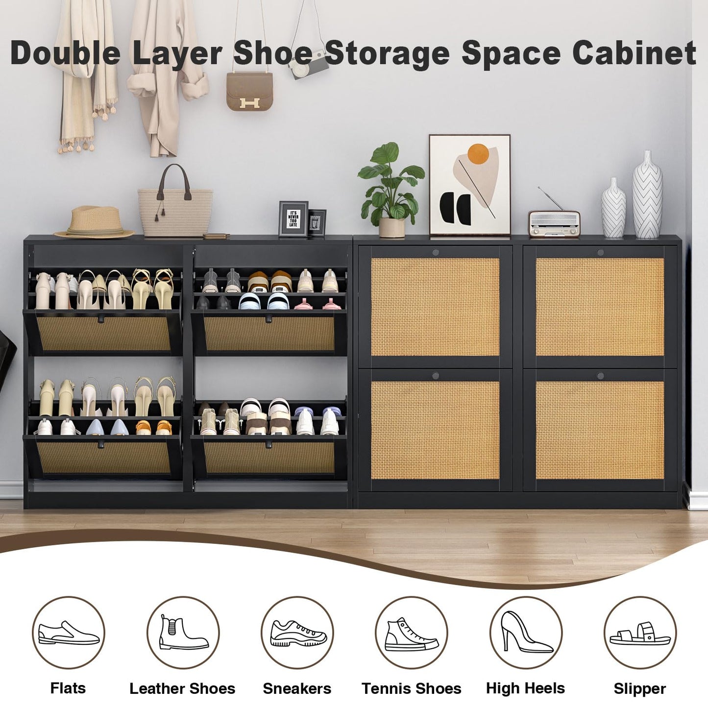 Skokliz Rattan Shoe Storage Cabinet with 4 Flip Drawers, Freestanding Hidden Shoe Cabinet Organizer with Adjustable Shelf, Narrow Shoe Cabinet for Entryway Hallway Living Room