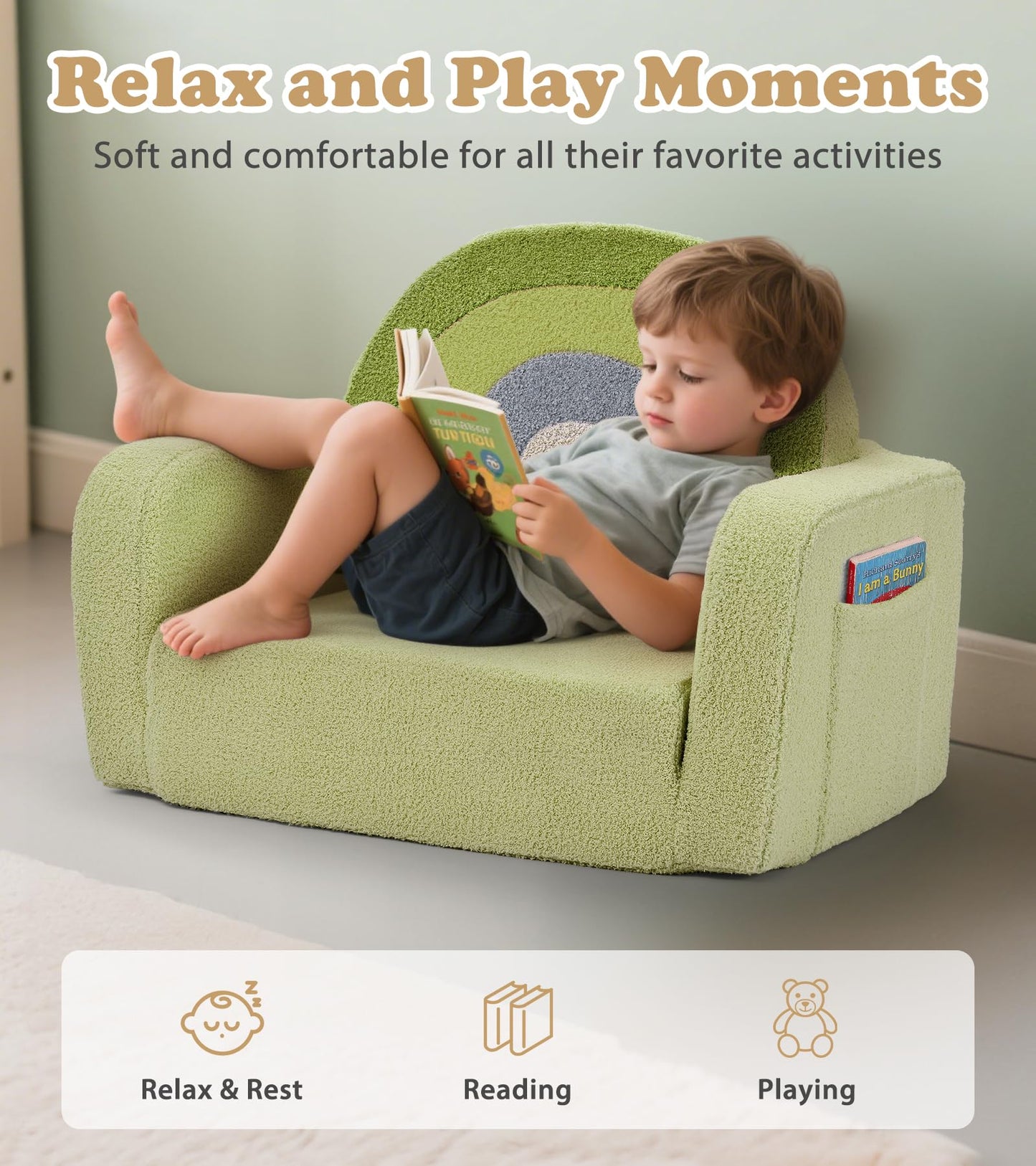 Kids Couch, 2-in-1 Soft Toddler Couch Fold Out with Blanket, Comfy Toddler Chair, Convertible Sofa to Lounger, Convertible Sofa to Lounger, Gifts for Kids Girl Boys, Medium Green Rainbow