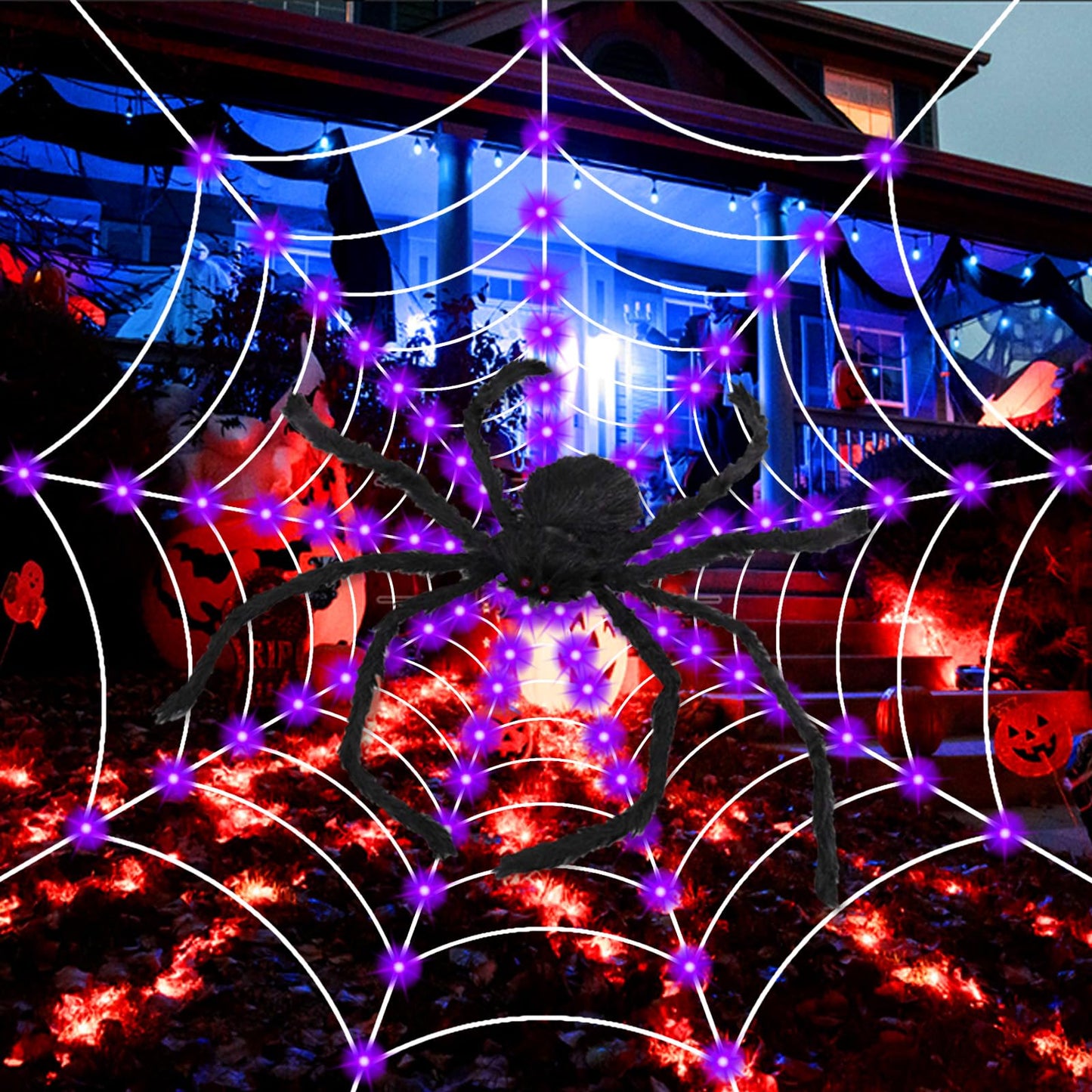 Halloween Decorations, 9FT Diameter Spider Web Lights with Black 4FT Spider, 160 LED Waterproof Net Lights, Remote Control, 8 Modes Cobweb for Yard House Garden Outdoor Indoor Party Haunted Decor