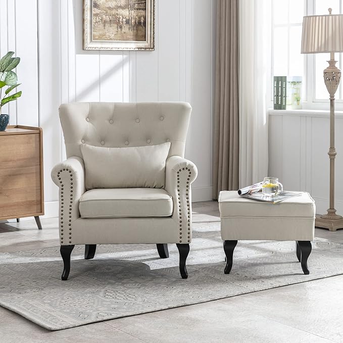 DM Furniture Accent Chair with Ottoman Modern Button Tufted Armchair Wingback Club Chair Linen Fabric Single Sofa Lounge Chair with Pillow for Living Room Bedroom, Beige