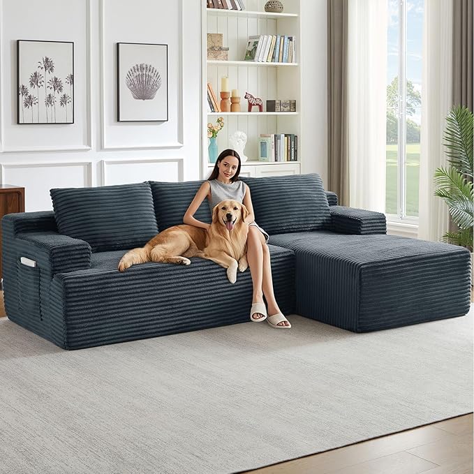 96" Cloud Sectional Couch with L-Shape Chaise, Modern Corduroy Boneless Couch for Living Room,Memory Foam Sofa with Deep Seat,No Assembly Required (Dark Gray,Right-Facing Chaise)
